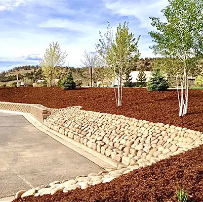 formal cobble retaining wall in commercial landscape